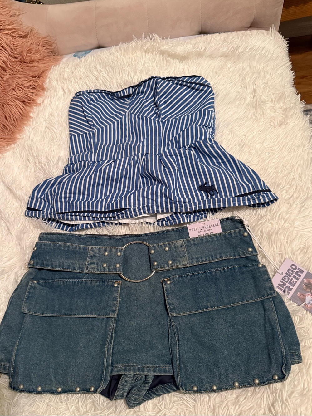 Striped Blue Strapless Peplum Top & Denim Mini Skirt Set.